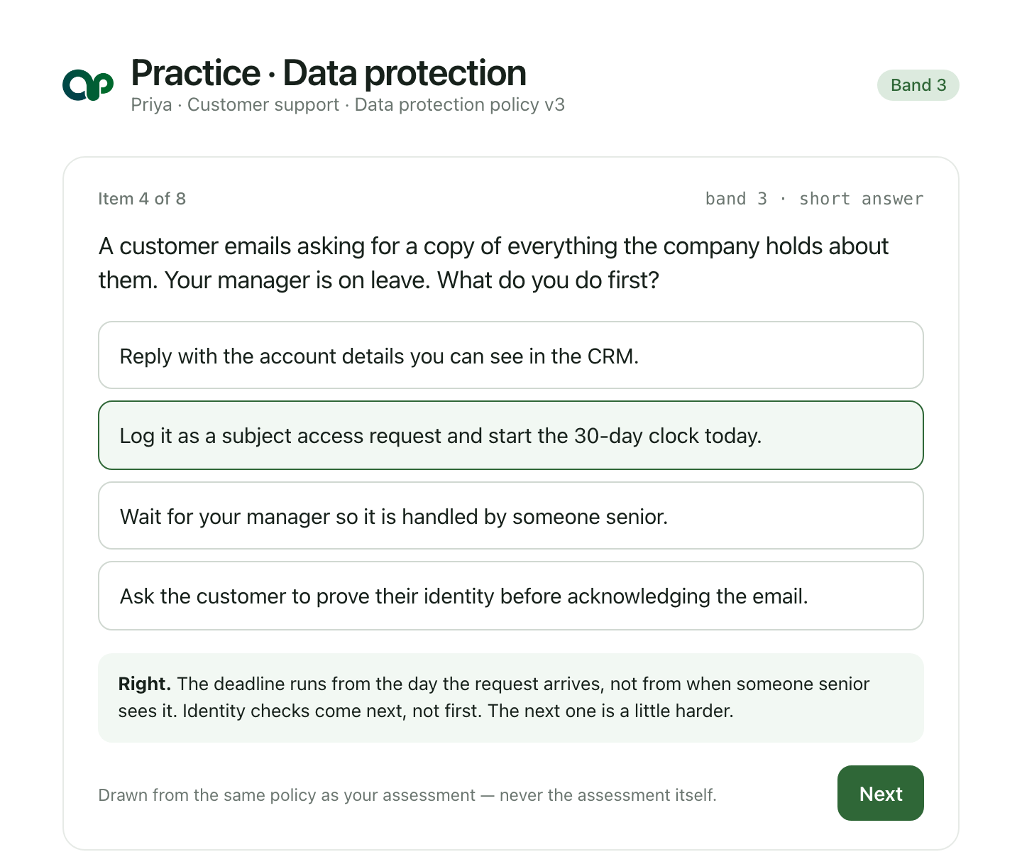 A practice screen with one short-answer question, the correct option highlighted, and an explanation underneath.
